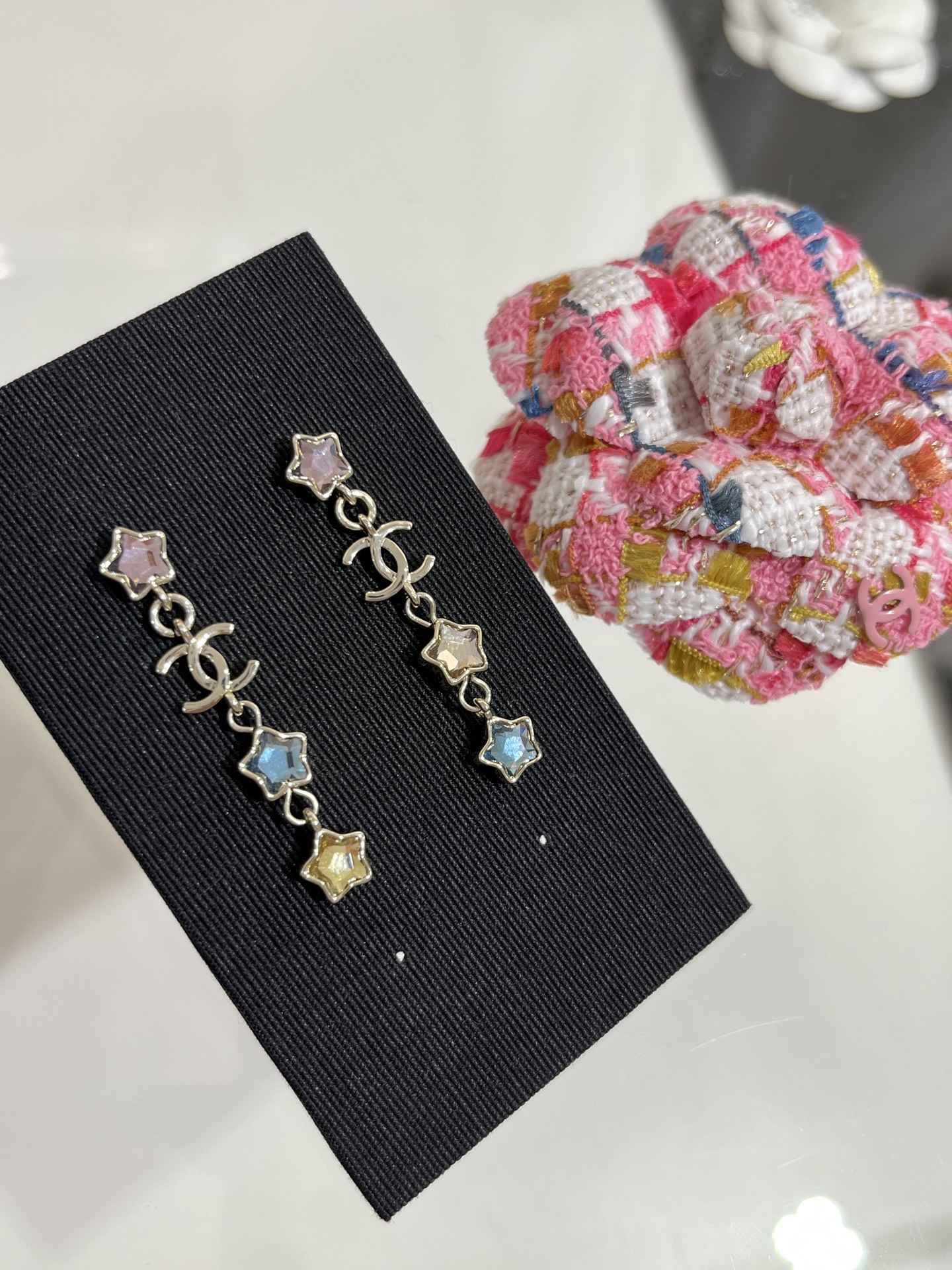 Chanel Asymmetric Colorful Crystal Star Tassel Earrings - Image 2