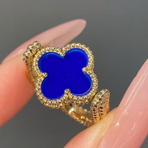 VCA Vintage Alhambra Reversible Ring, Yellow Gold, Blue Agate, Diamond