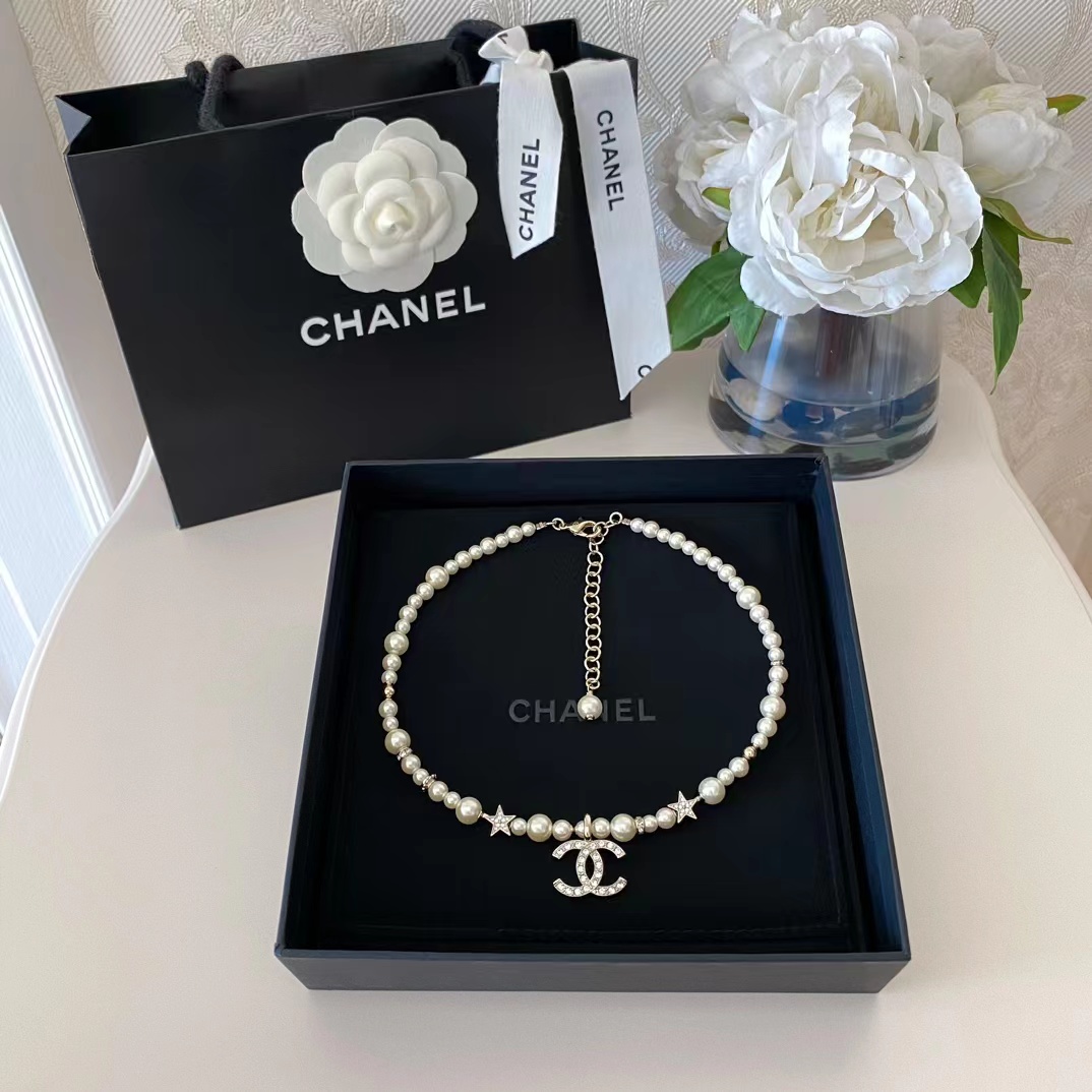 Chanel Star Double C Pendant Pearl Necklace - Image 4