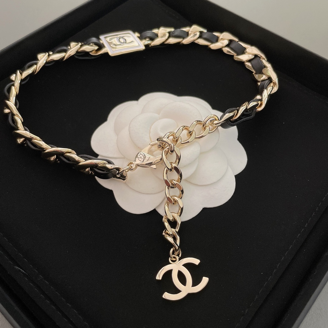 Chanel Leather Gold Chain Bracelet Choker Necklace - Image 7
