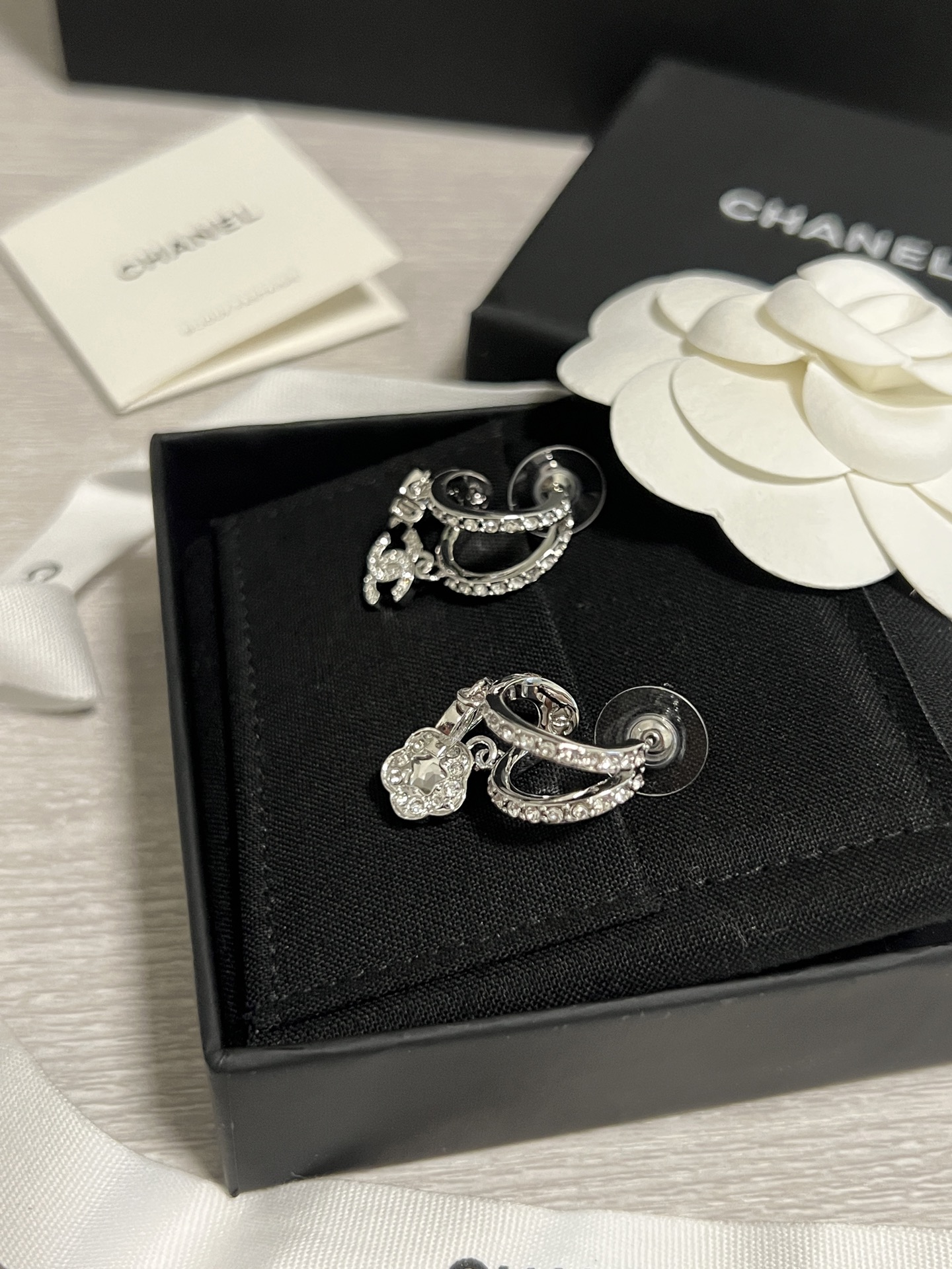 Chanel Asymmetric Silver Earrings with Rhinestone Perfume Bottle Camellia CC Dangle - Image 8