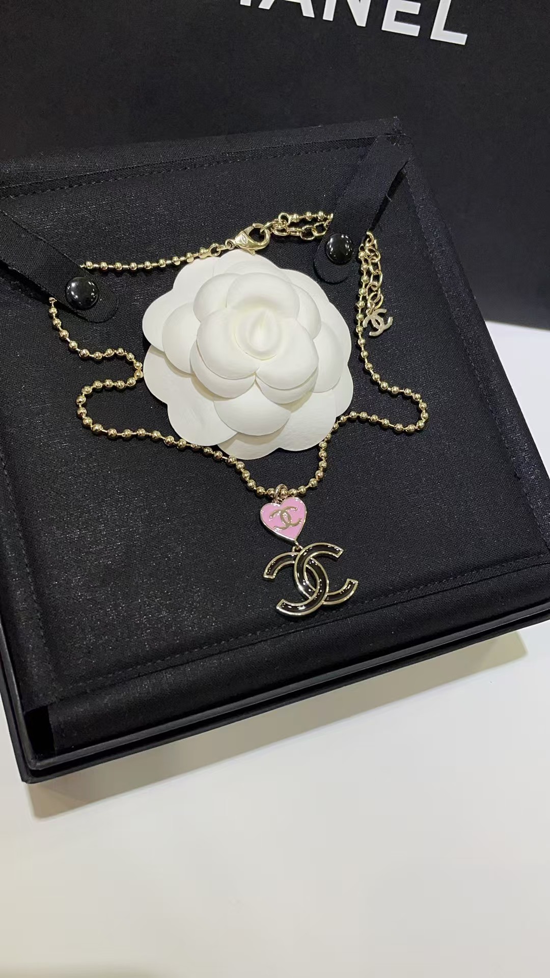 Chanel Diamond Pearl Paved Double C Pendant Pearl Necklace - Image 2