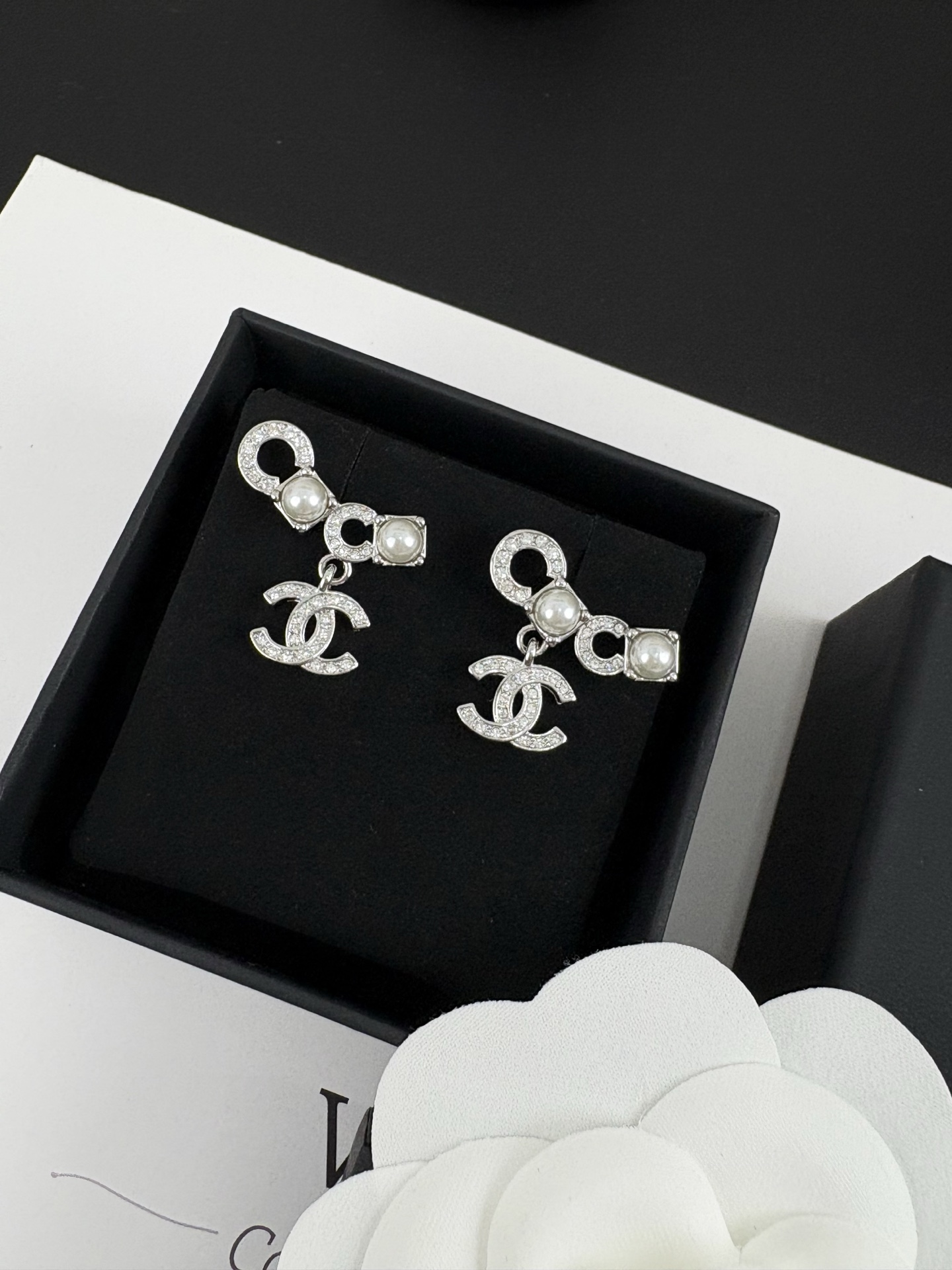 Chanel Full Diamond and Pearl Paved Coco Earrings
