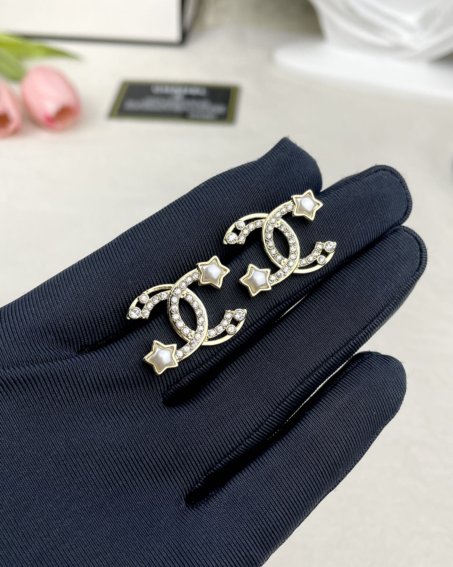 Chanel Hollow Star Rhinestone CC Earrings - Image 2