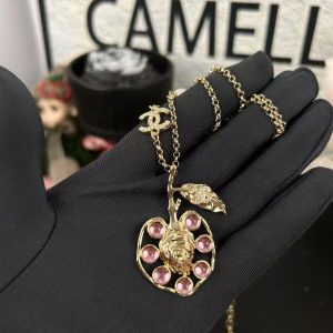 Chanel Pink Rhinestone Peach Pendant Necklace