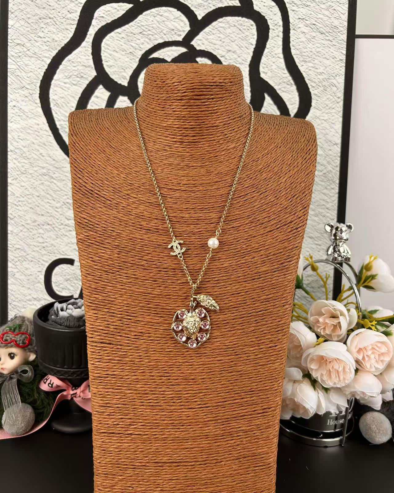 Chanel Pink Rhinestone Peach Pendant Necklace - Image 4