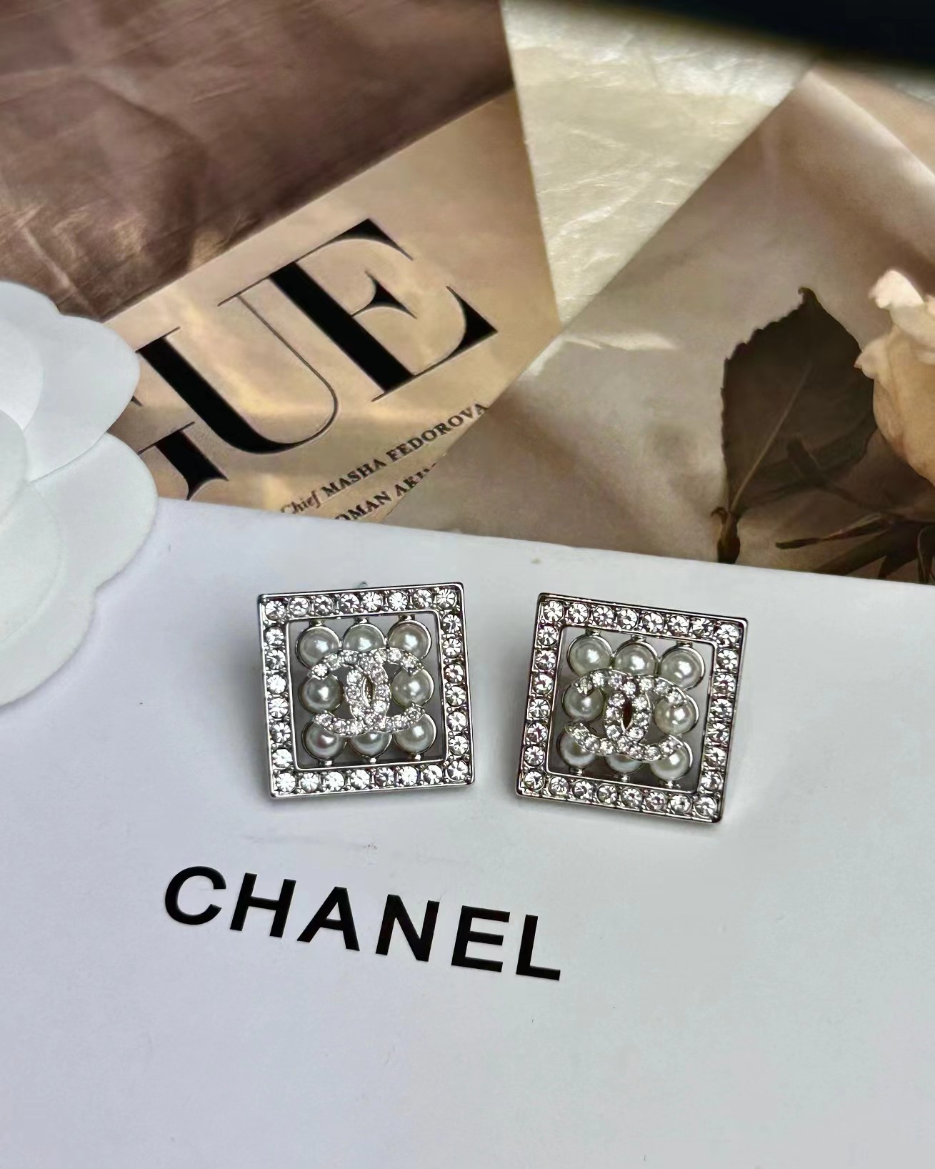 Chanel Square Diamond and Pearl Earrings