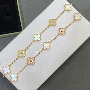 VCA Diamond & White Clover Vintage Alhambra Bracelet ,5 Motifs