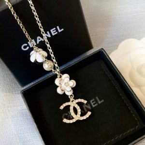 Chanel Flower Pearl Diamond Paved CC Pendant Necklace