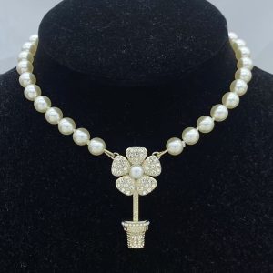 Chanel Potted Plants Flower Pearl Necklace