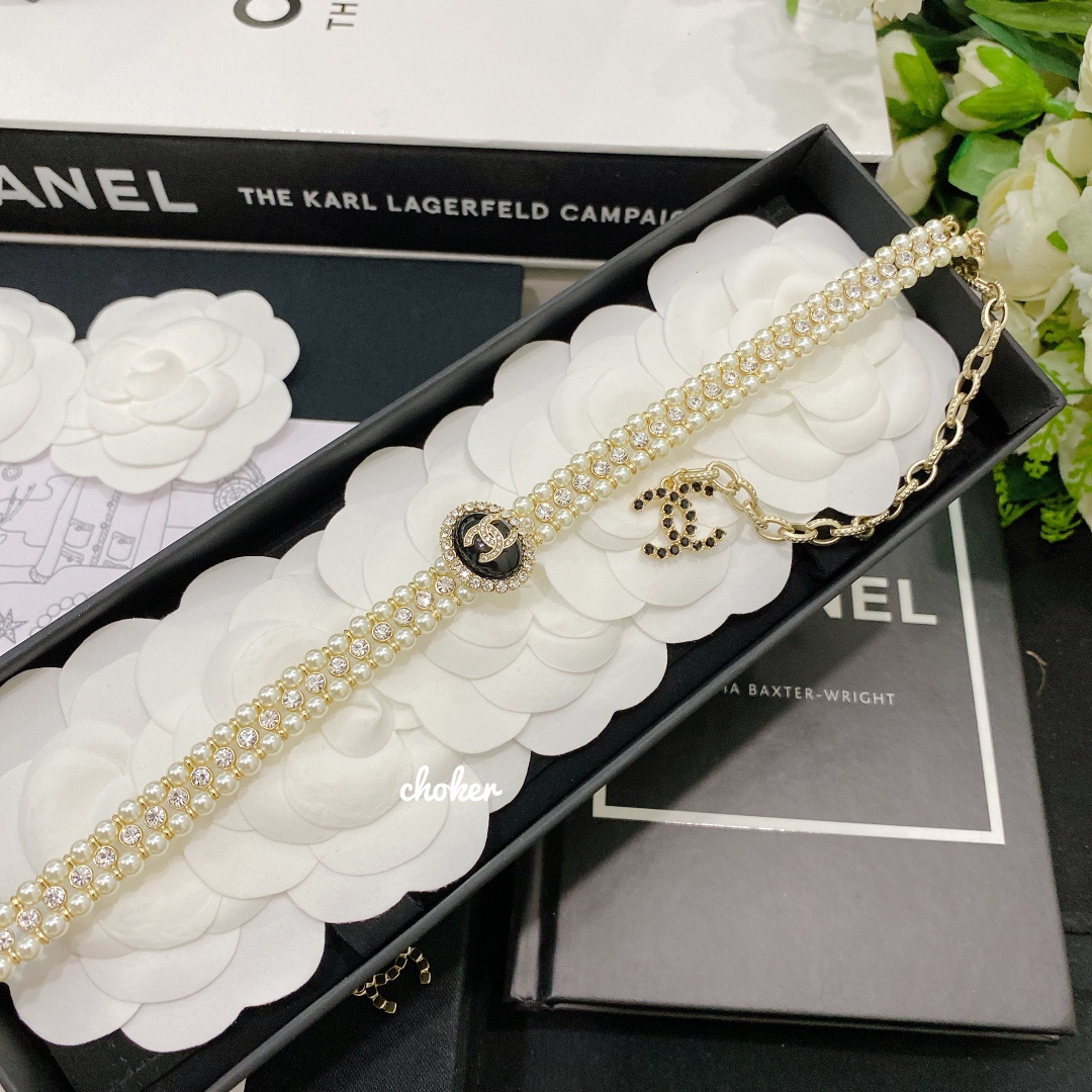 Chanel 3 Rows Pearl Rhinestone Bracelet Earrings Choker Necklace - Image 6