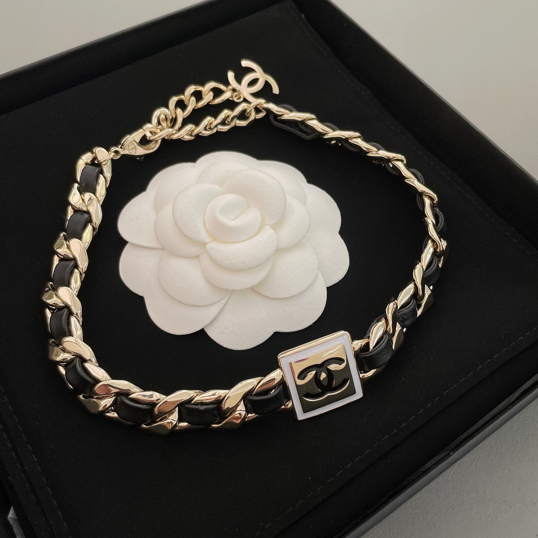 Chanel Leather Gold Chain Bracelet Choker Necklace - Image 5