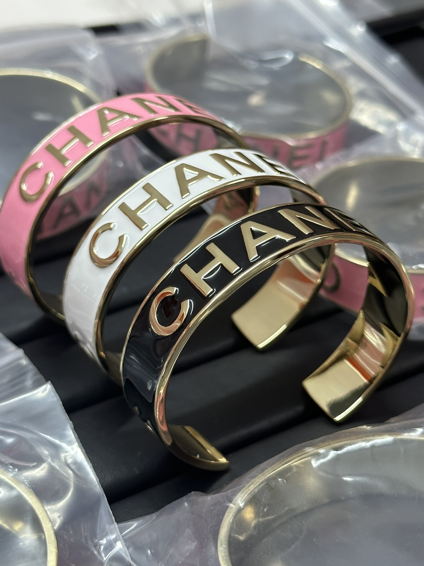 Chanel Embossed Monogram Open Cuff Bangle Bracelet