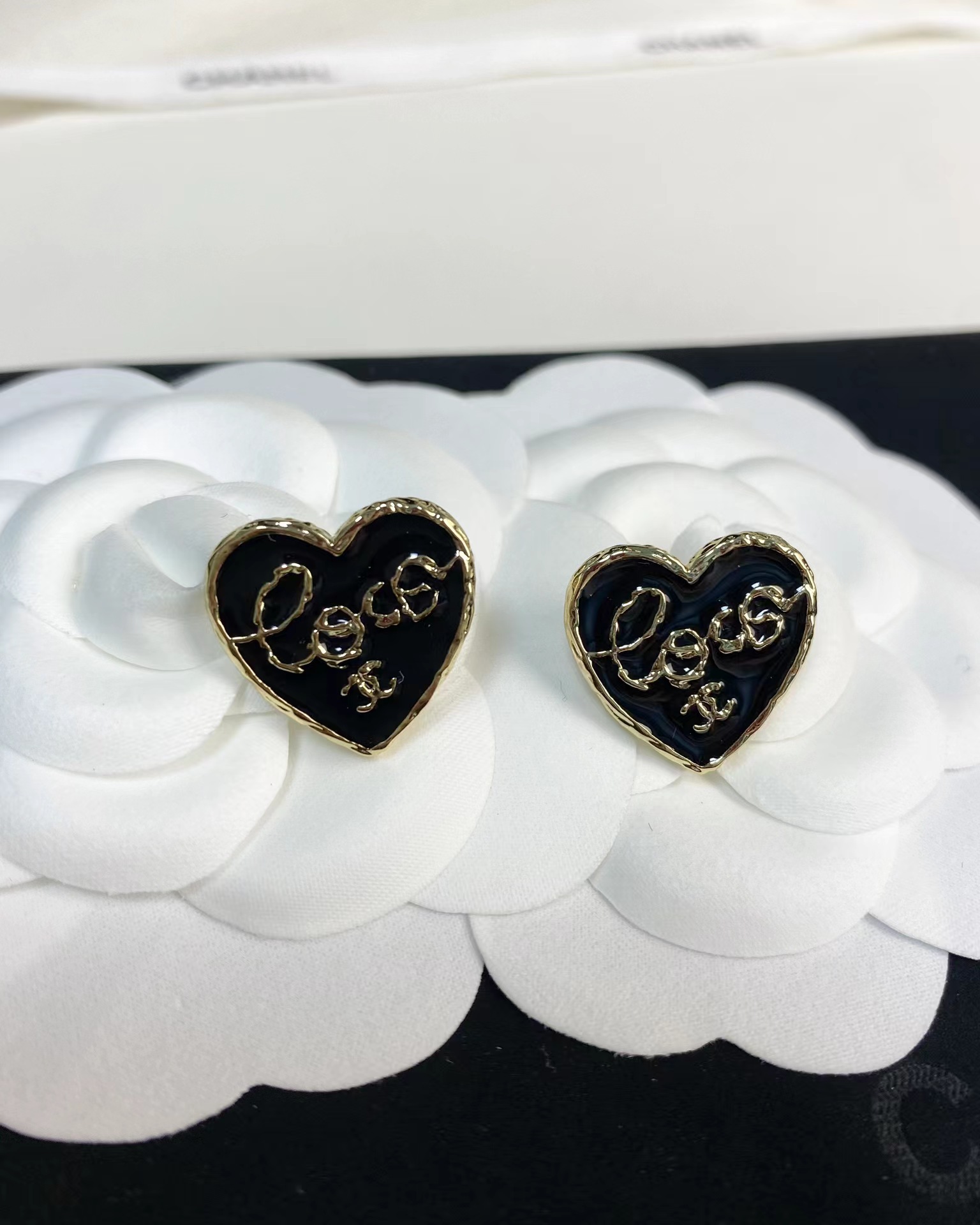 Chanel Black Love Heart Stud Earrings