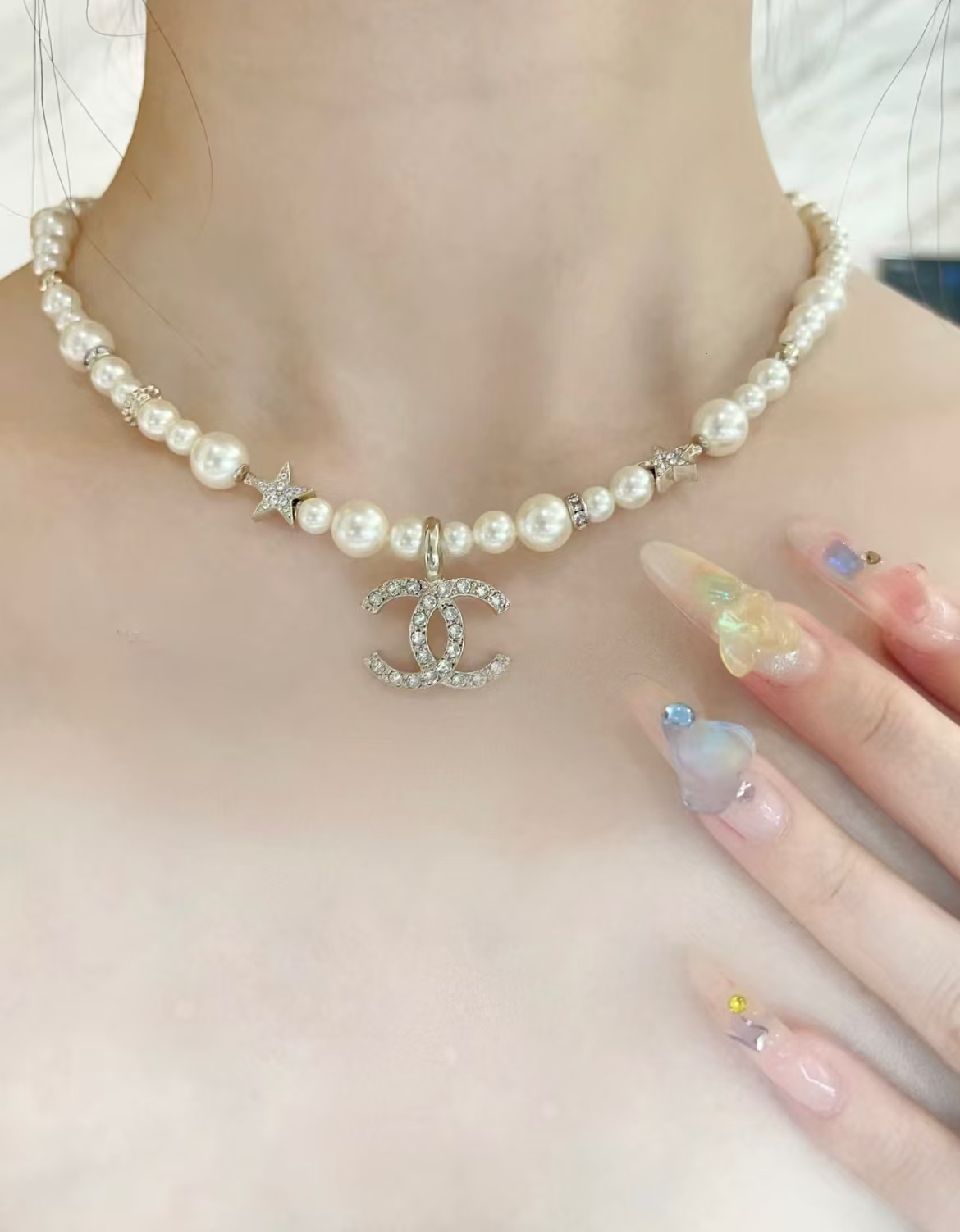 Chanel Star Double C Pendant Pearl Necklace - Image 11