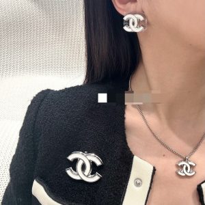 Chanel White Enamel CC Earrings Brooch Necklace