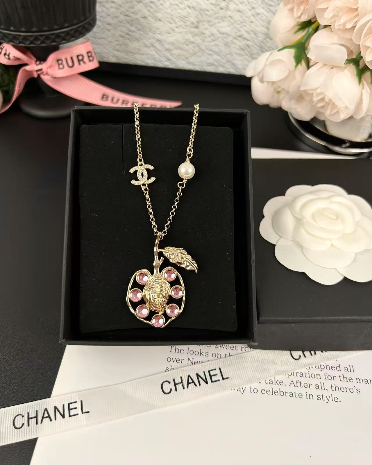 Chanel Pink Rhinestone Peach Pendant Necklace - Image 2