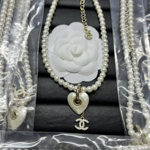 Chanel Heart with Double C Pendant Drop Pearl Necklace