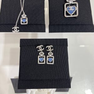Chanel Heart Blue Crystal Perfume Bottle Earrings Brooch Necklace in Silver-tone