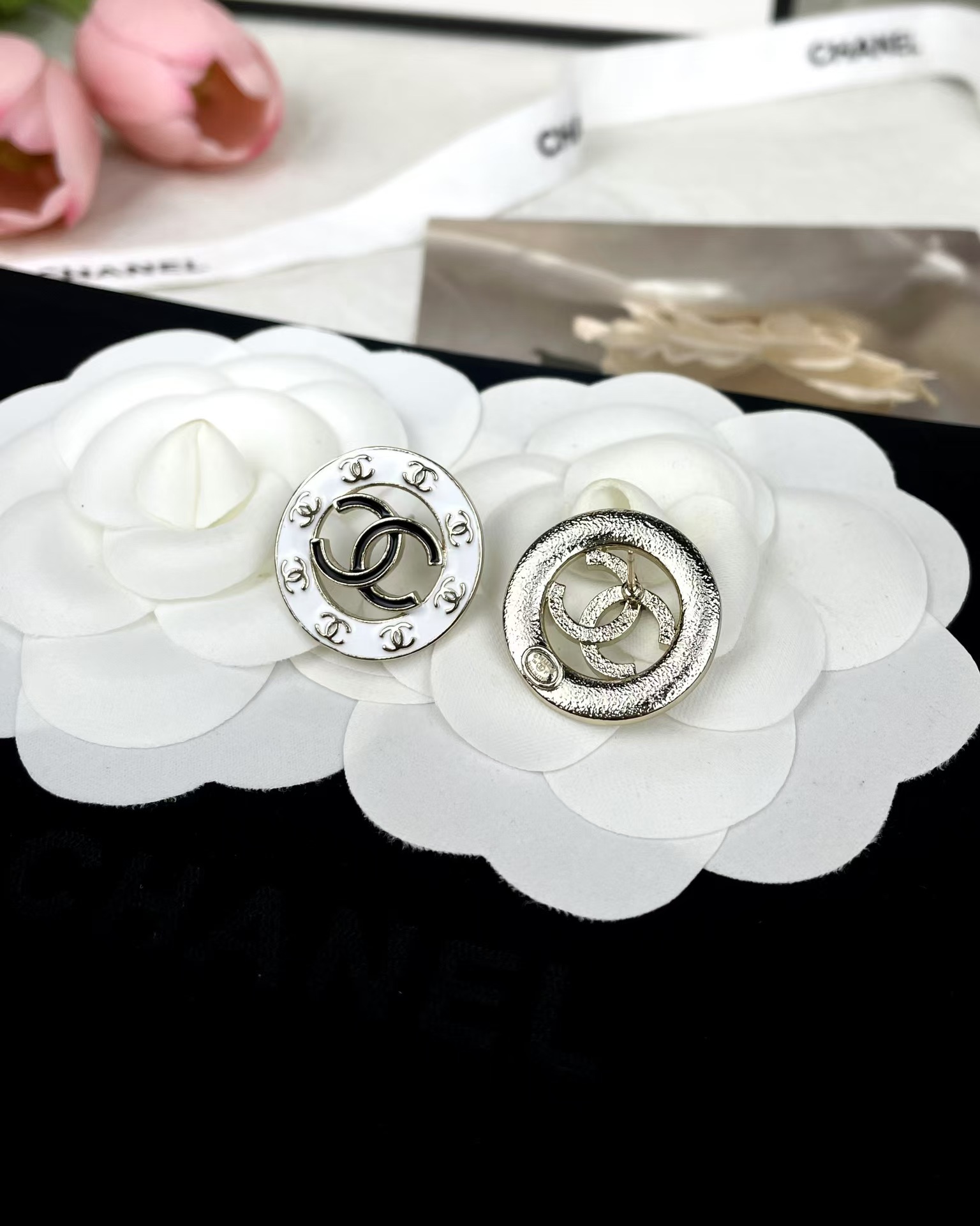 Chanel Round White and Black Enamel Stud Earrings - Image 6