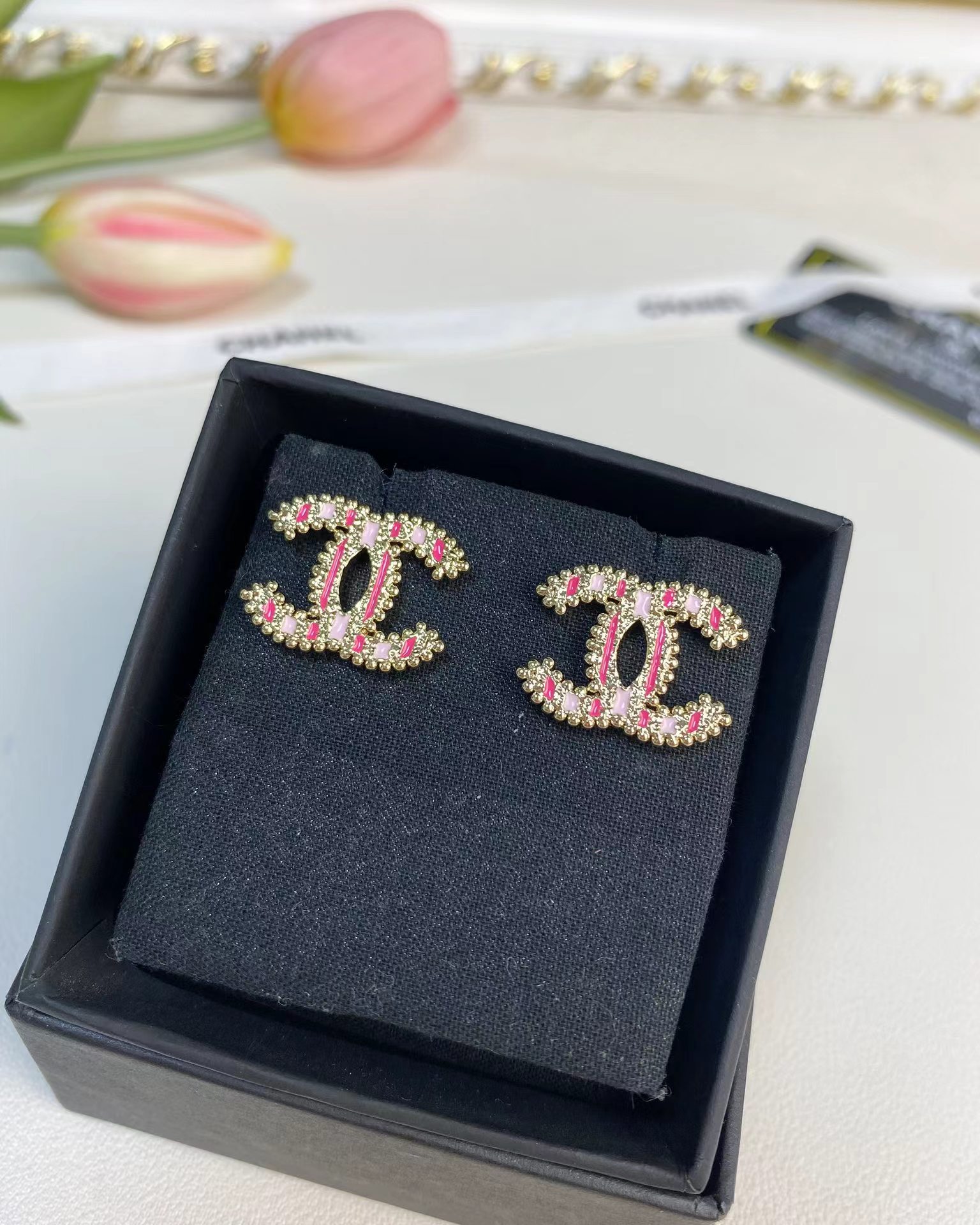 Chanel Enamel Pink Double C Earrings - Image 3