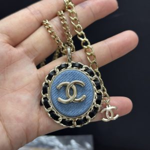 Chanel Large Leather Wrap Vintage Denim Oval Pendant Necklace