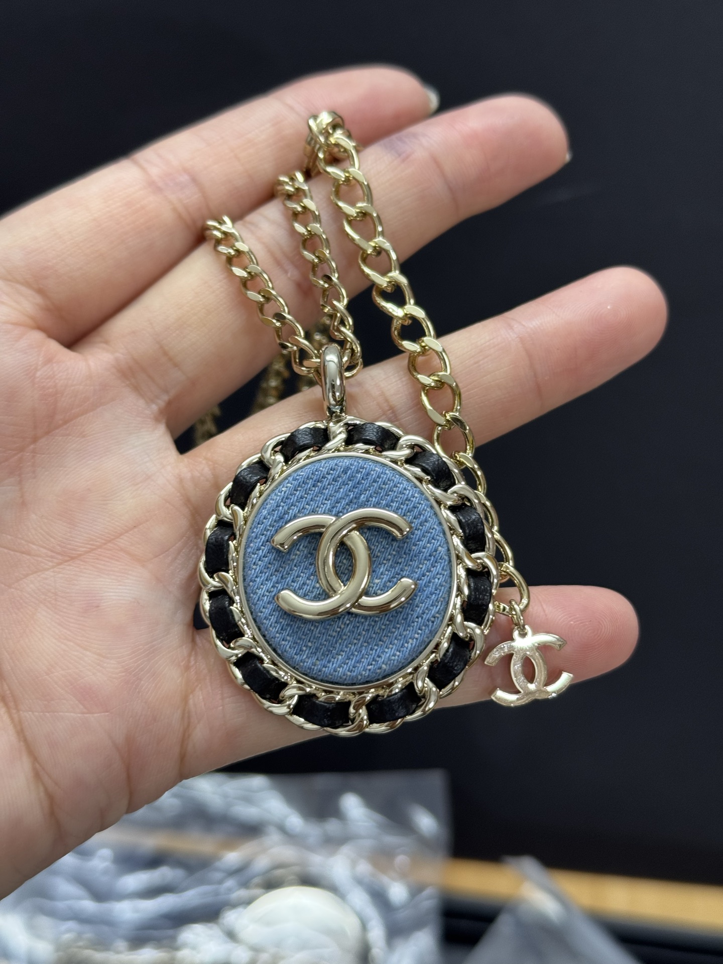 Chanel Large Leather Wrap Vintage Denim Oval Pendant Necklace
