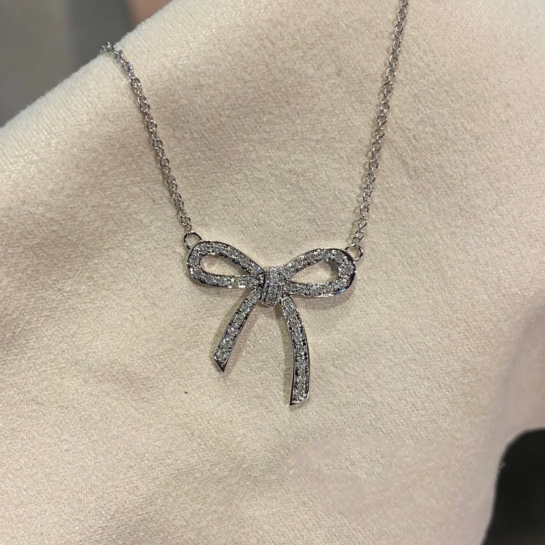 Tiffany Large Full Diamond Bow Pendant Necklace