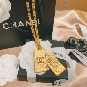 Chanel Unisex Thick Cuban Chain Rectangle Tag Pendant Necklace