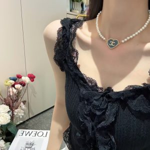 Chanel Denim Heart Pendant Pearl Choker Necklace