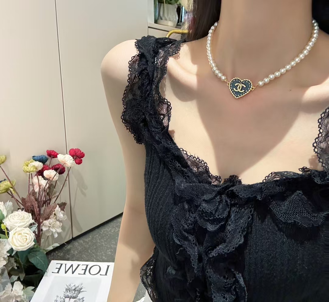 Chanel Denim Heart Pendant Pearl Choker Necklace