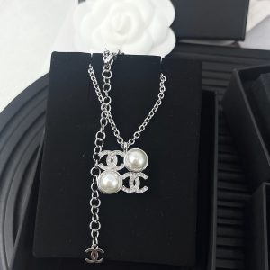 Chanel Silver Square Coco & Pearls Pendant Necklace