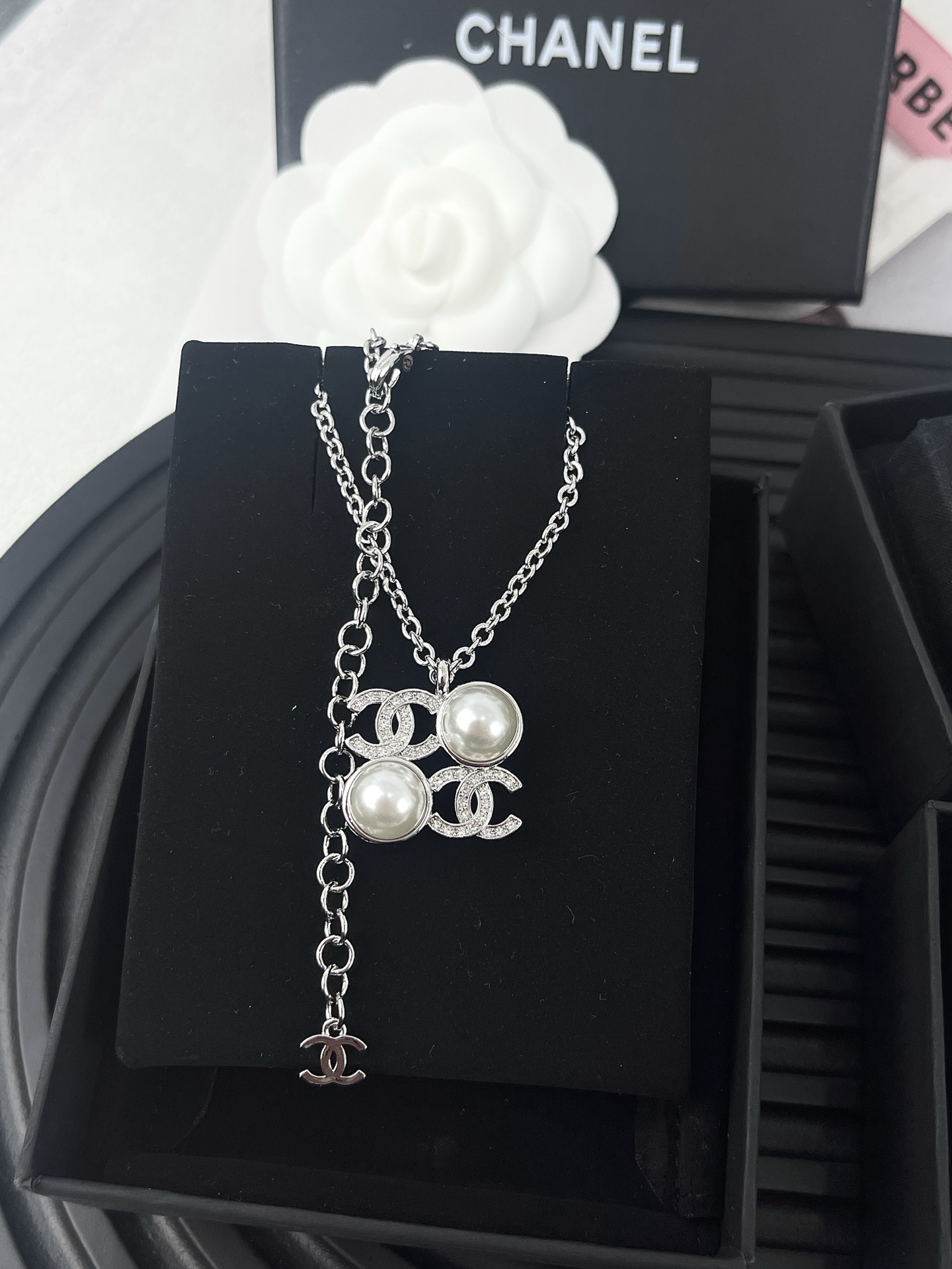 Chanel Silver Square Coco & Pearls Pendant Necklace