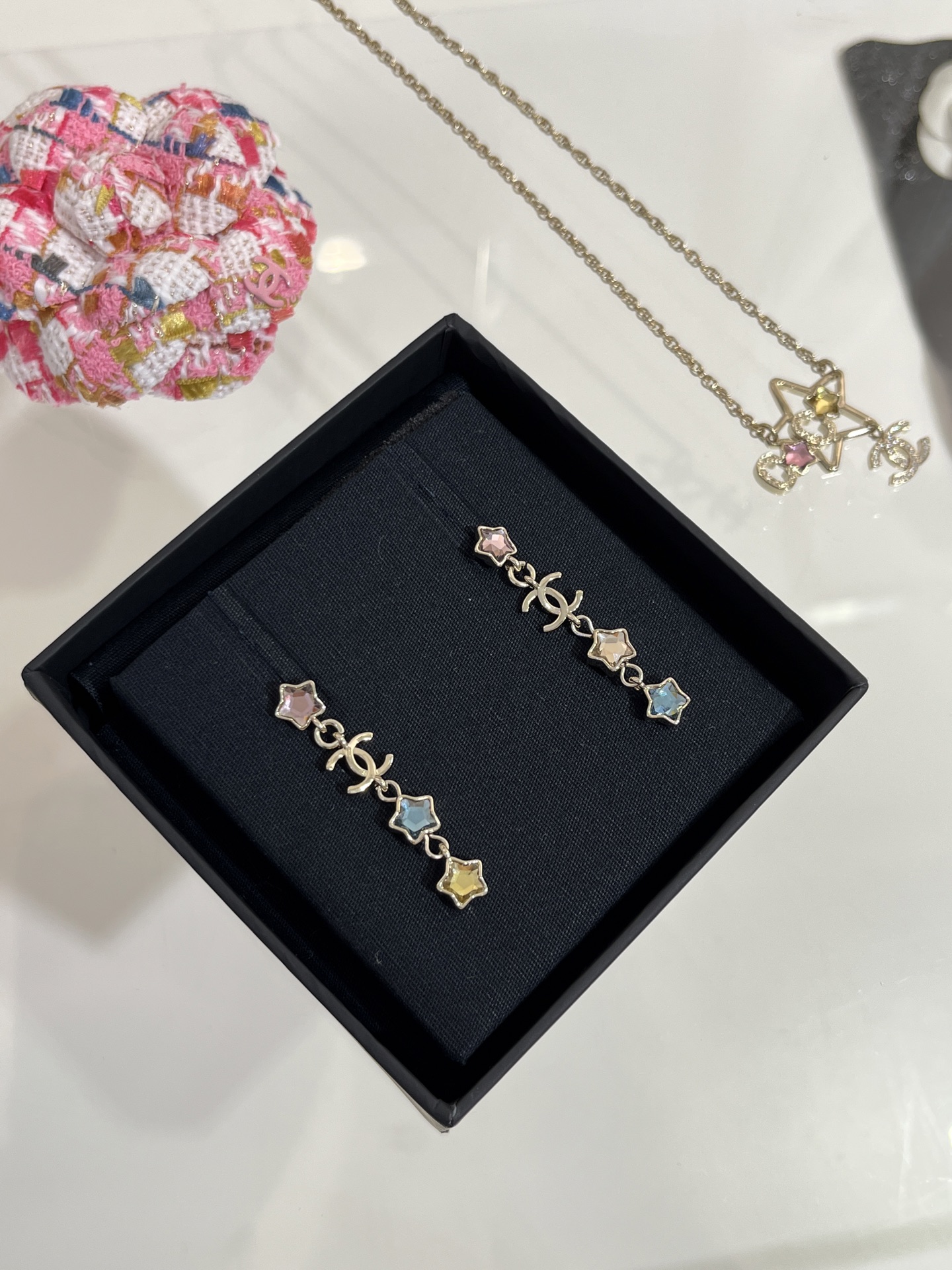 Chanel Asymmetric Colorful Crystal Star Tassel Earrings - Image 5