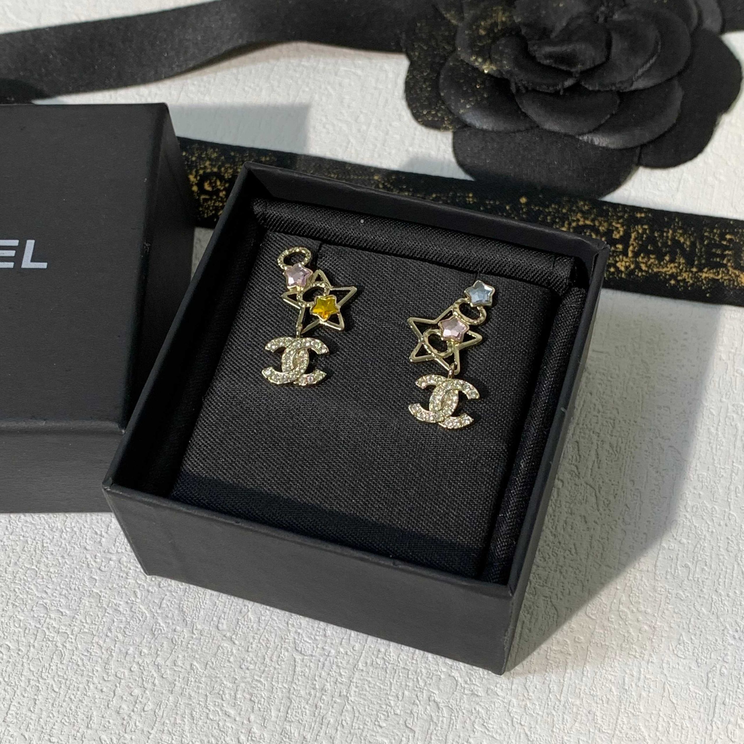 Chanel Asymmetric Color Gem Star Coco Drop Earrings