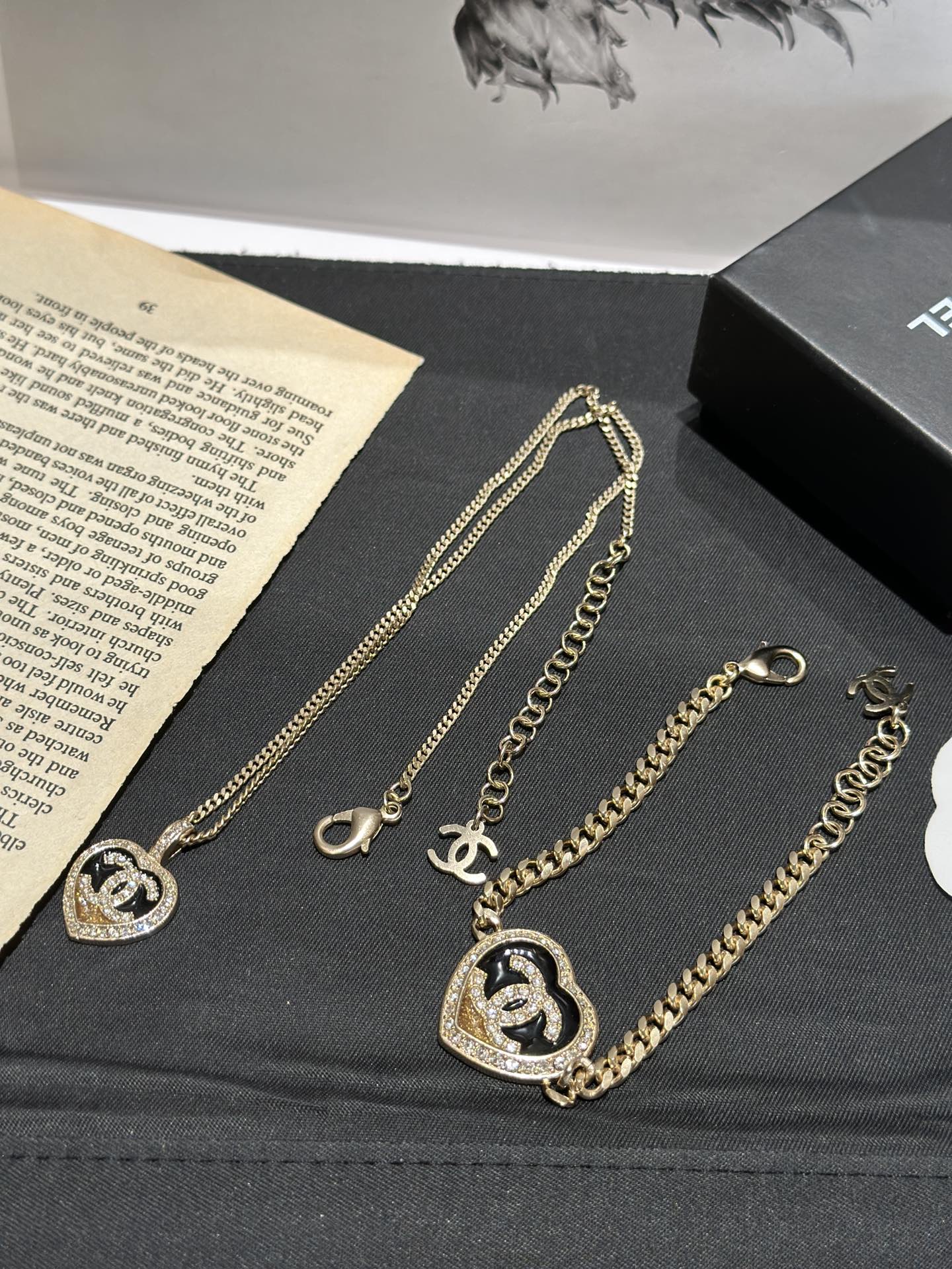 Chanel Colorblock Gold Black Heart Bracelet Earrings Necklace
