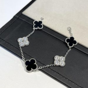 VCA Black Onyx and Diamond Vintage Alhambra Bracelet 5 Motifs
