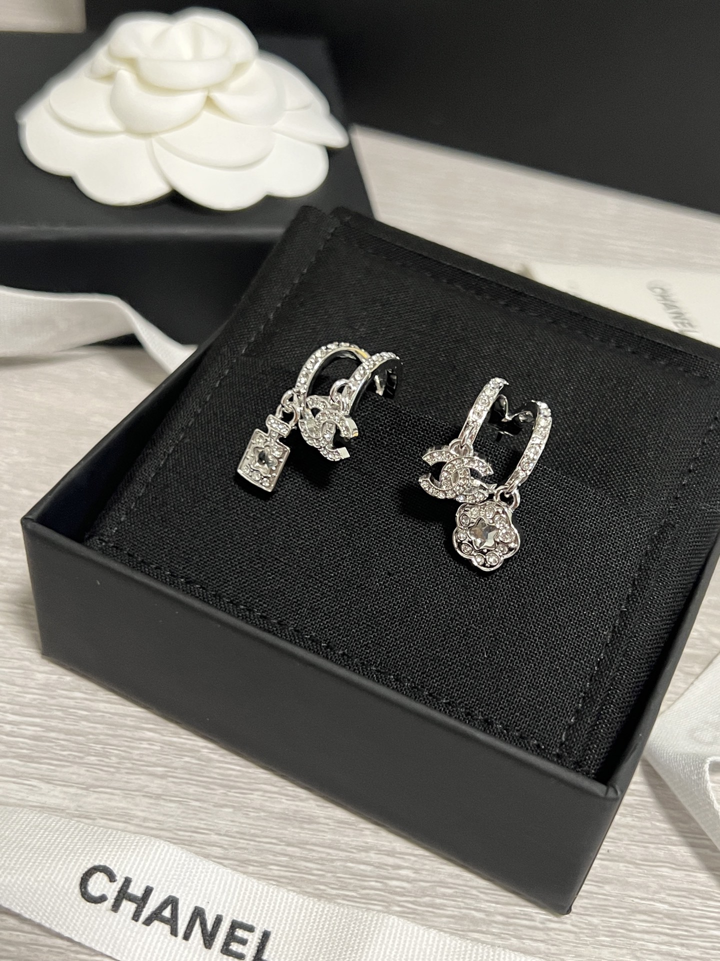 Chanel Asymmetric Silver Earrings with Rhinestone Perfume Bottle Camellia CC Dangle - Image 4