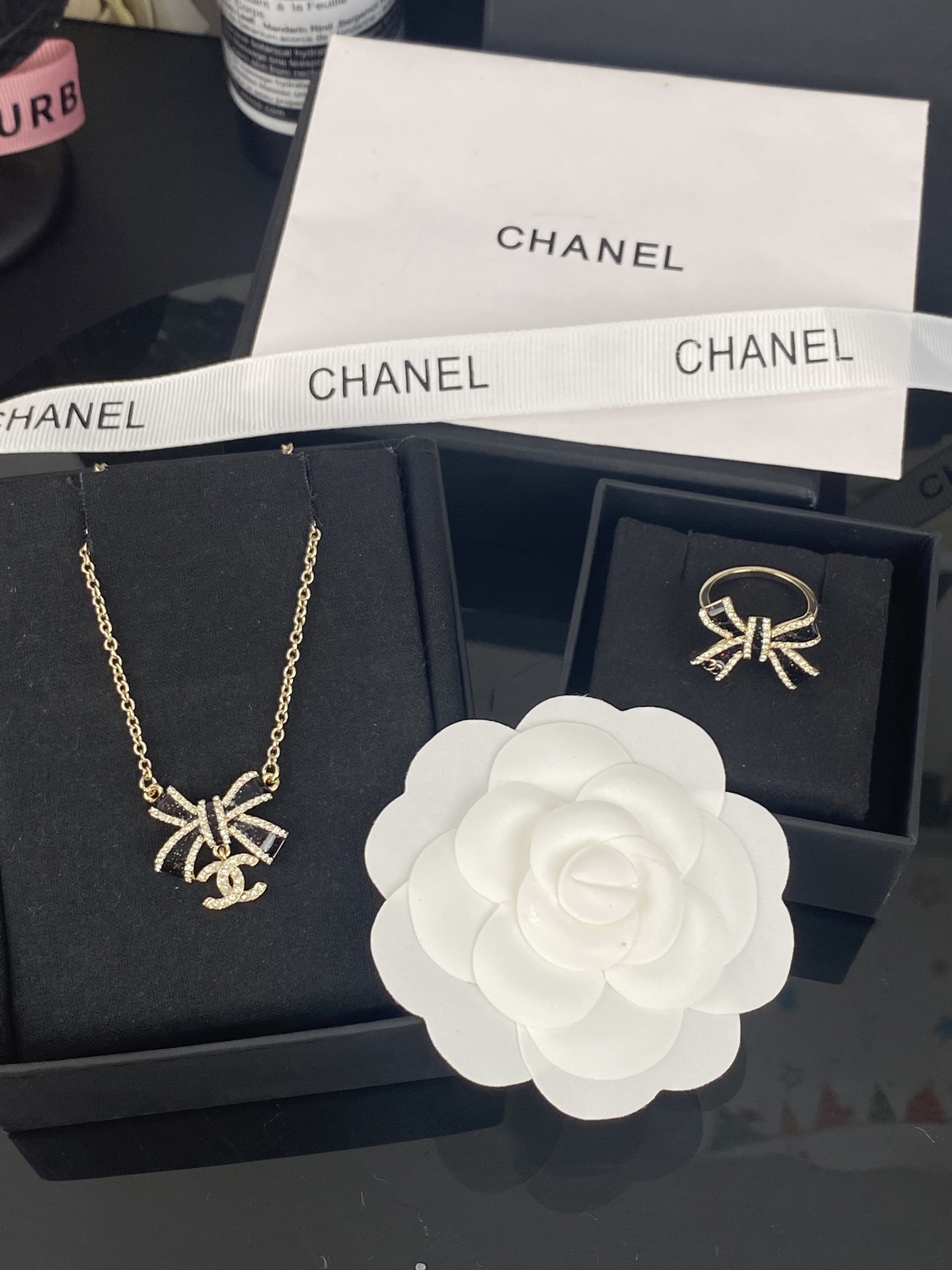 Chanel Black Bow CC Pendant Necklace and Bracelet - Image 11