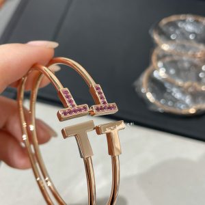 Tiffany Paved Pink Diamond Double T Bangle Bracelet