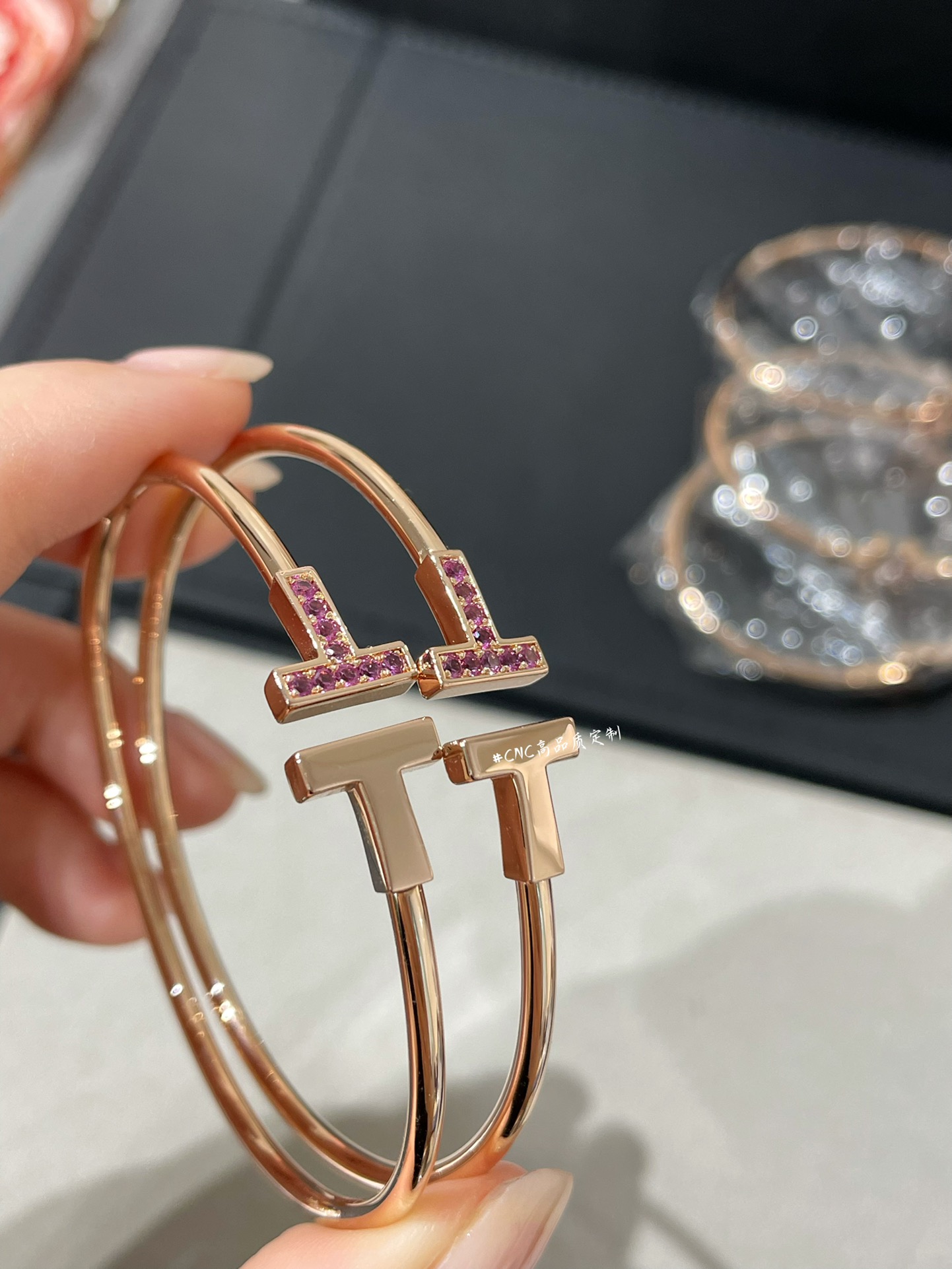 Tiffany Paved Pink Diamond Double T Bangle Bracelet