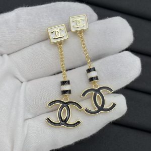 Chanel Black White Enamel Chain Tassel with Double C Earrings