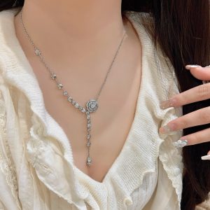 Chanel Camellia Teardrop Y Necklace in Silver Color