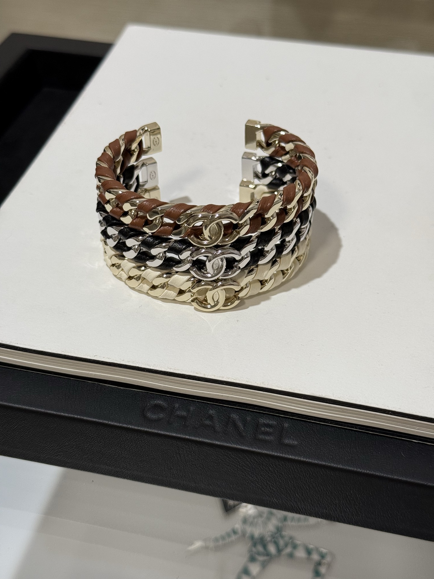 Chanel 26C Leather with Chain Bracelet Cuff Bangle