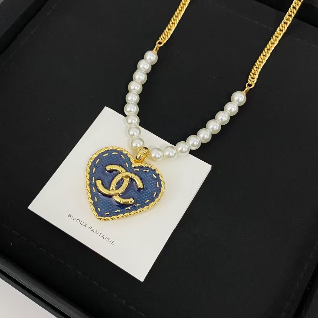 Chanel Denim Heart Double C Pendant Pearl Necklace