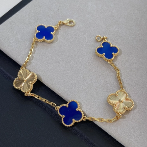 VCA Gold Guilloche and Deep Blue Agate Vintage Alhambra Bracelet 5 Motifs