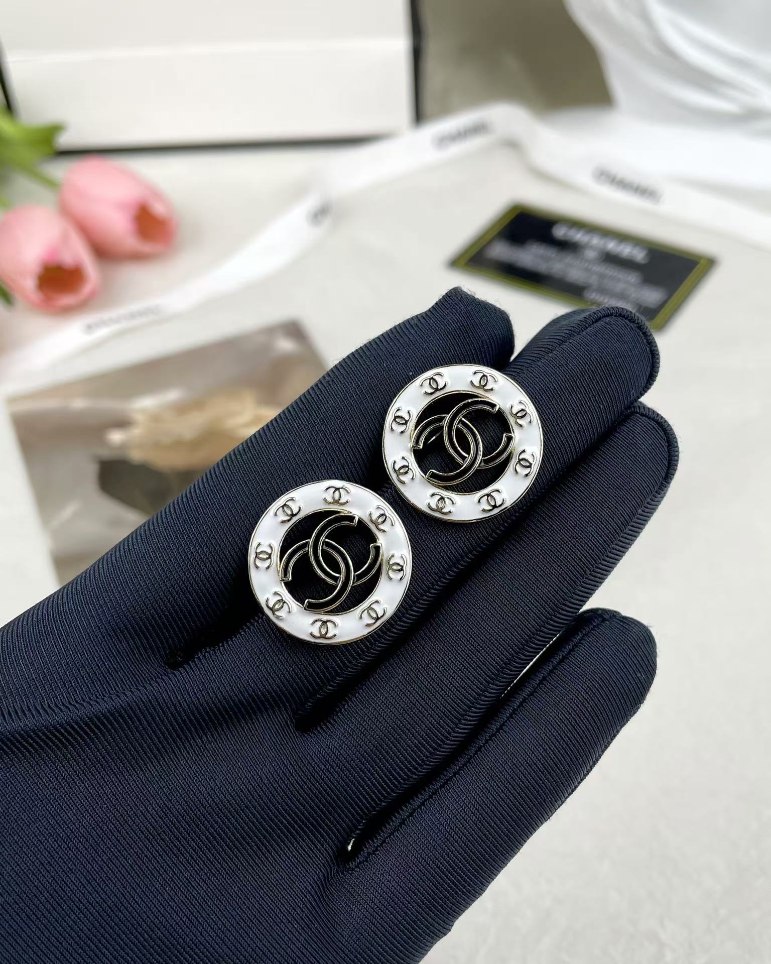 Chanel Round White and Black Enamel Stud Earrings - Image 2