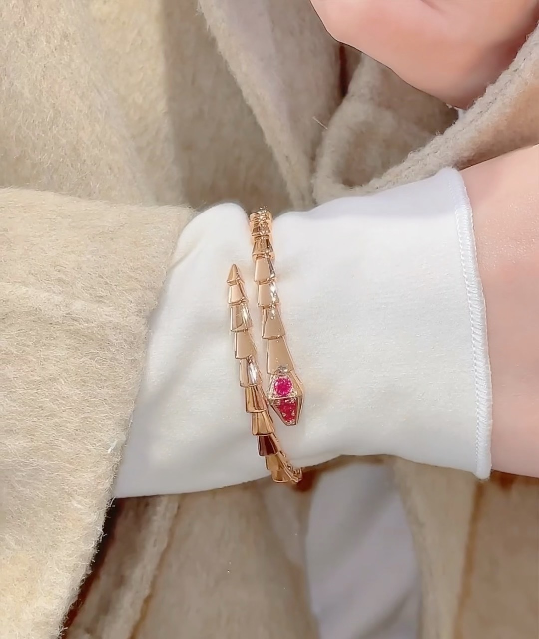 Bvlgari Rose Gold and Red Gem Serpenti Viper Bangle Bracelet - Image 7