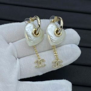 Chanel Hoop with Heart Chain Double C Drop Earrings