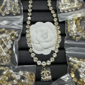 Chanel Logo Pendant Rhinestone Strass Chain Necklace